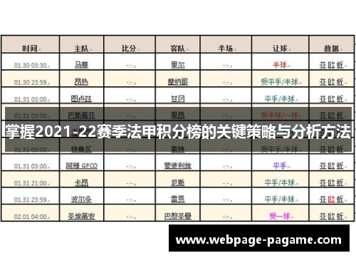 掌握2021-22赛季法甲积分榜的关键策略与分析方法