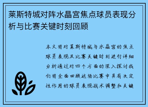 莱斯特城对阵水晶宫焦点球员表现分析与比赛关键时刻回顾